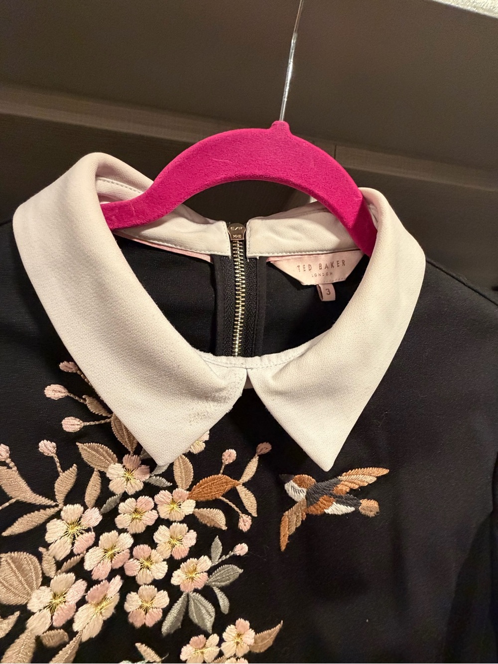 Ted Baker Black Long Sleeve Dress with Cream Collar and Floral Embroidery - Picture 2 of 4